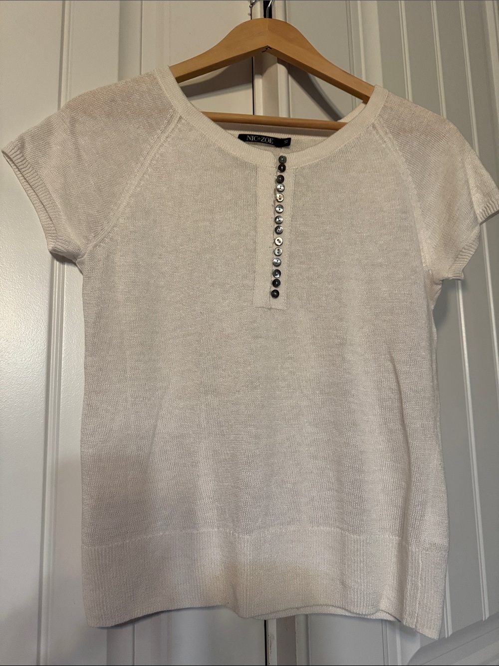 NIC+ZOE Cream Short-Sleeve Knit Top with Button Placket Detail